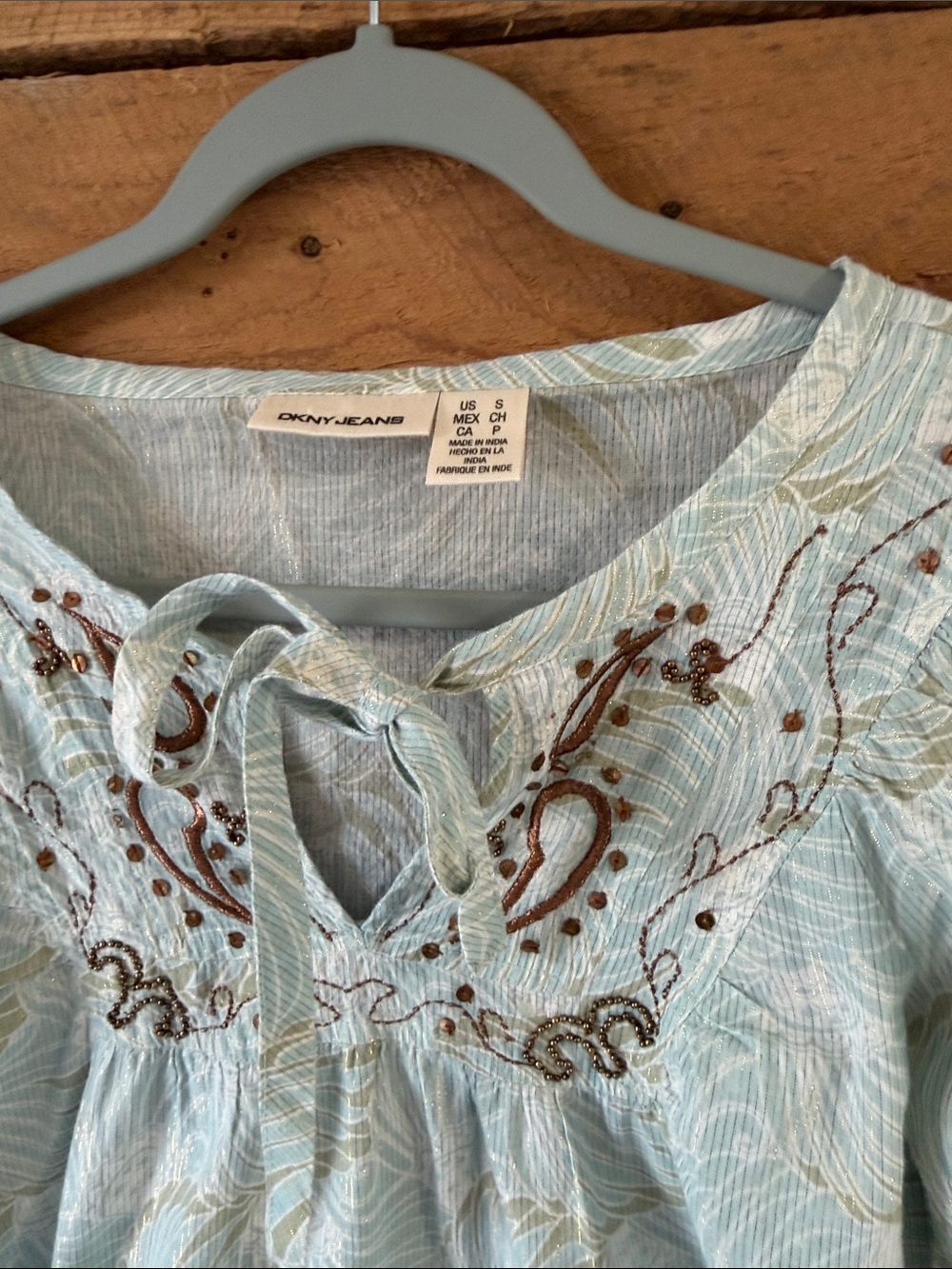 DKNY Light Blue Embroidered Tie-Neck Peasant Top - Picture 8 of 10